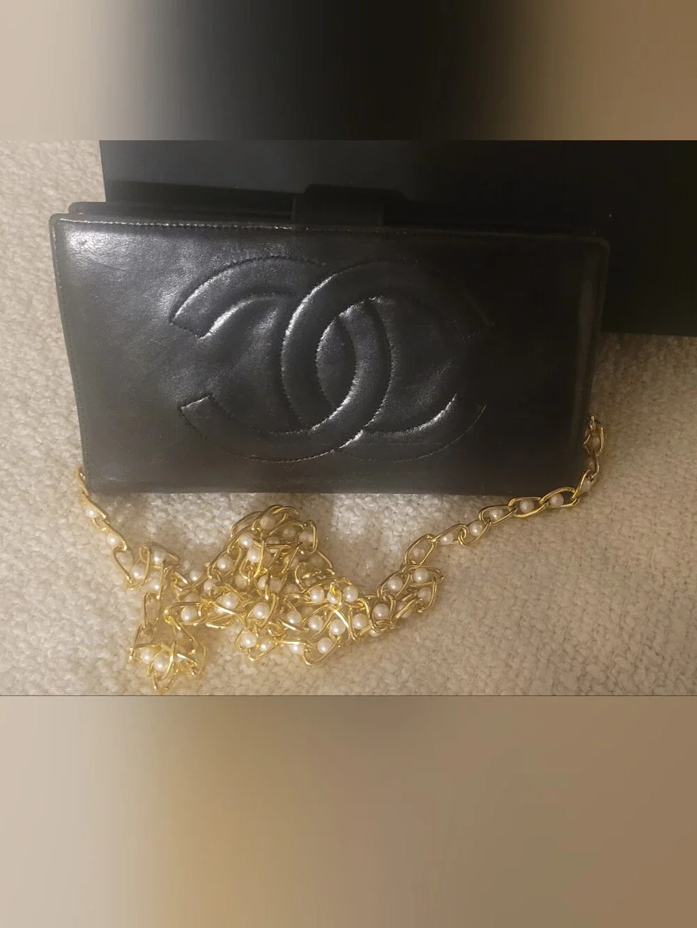 CHANEL Black Quilted Leather Wallet with Unbranded Pearl-Embellished Chain